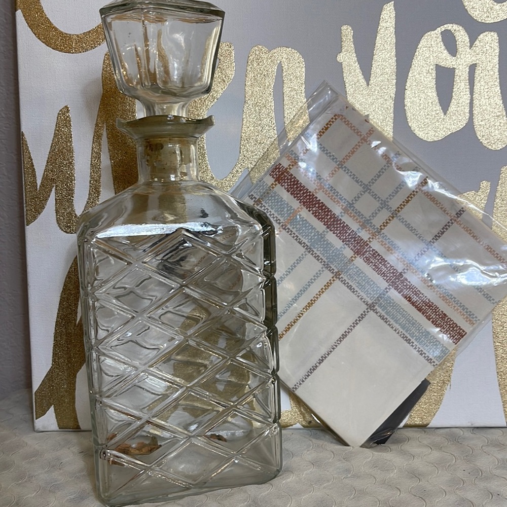 Vintage Glass Decanter Etched Diamond Pattern “Federal Law Forbids Alcohol”